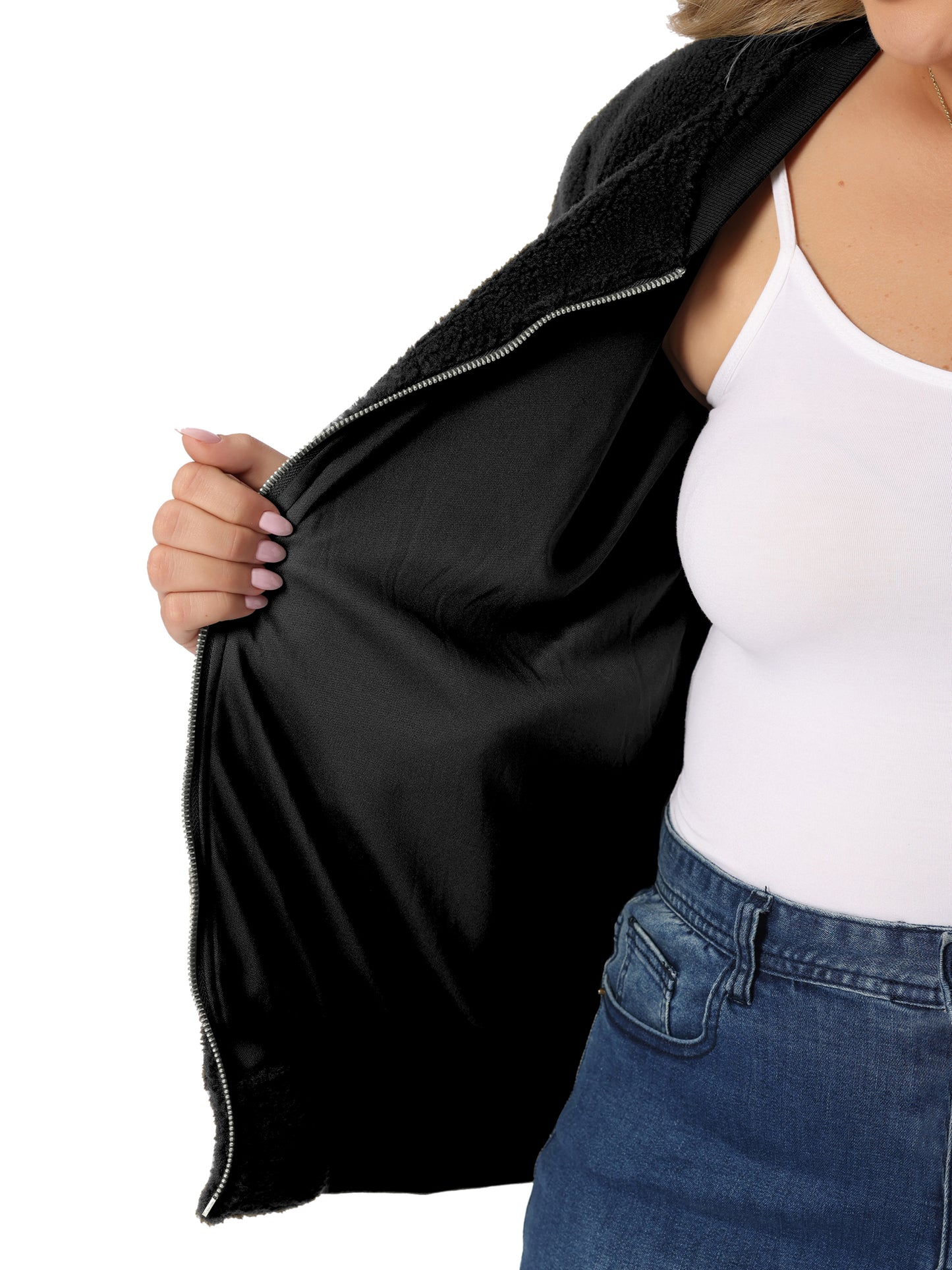 Women Plus Size Fleece Jacket Long Sleeve Faux Fuzzy Zip Up Bomber Jacket