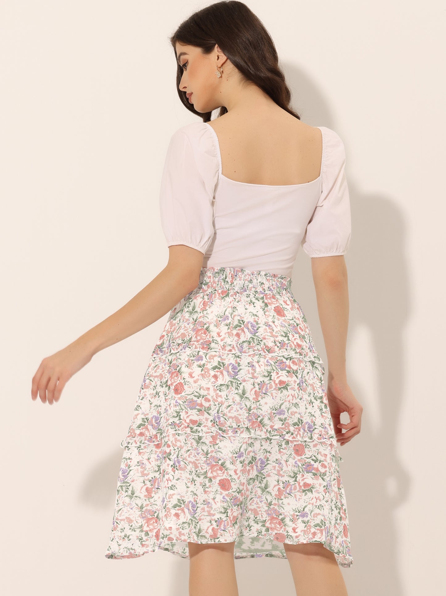 Faldas florales para mujer, primavera, fruncidas, cintura elástica, corte A, por debajo de la rodilla, falda con volantes escalonados