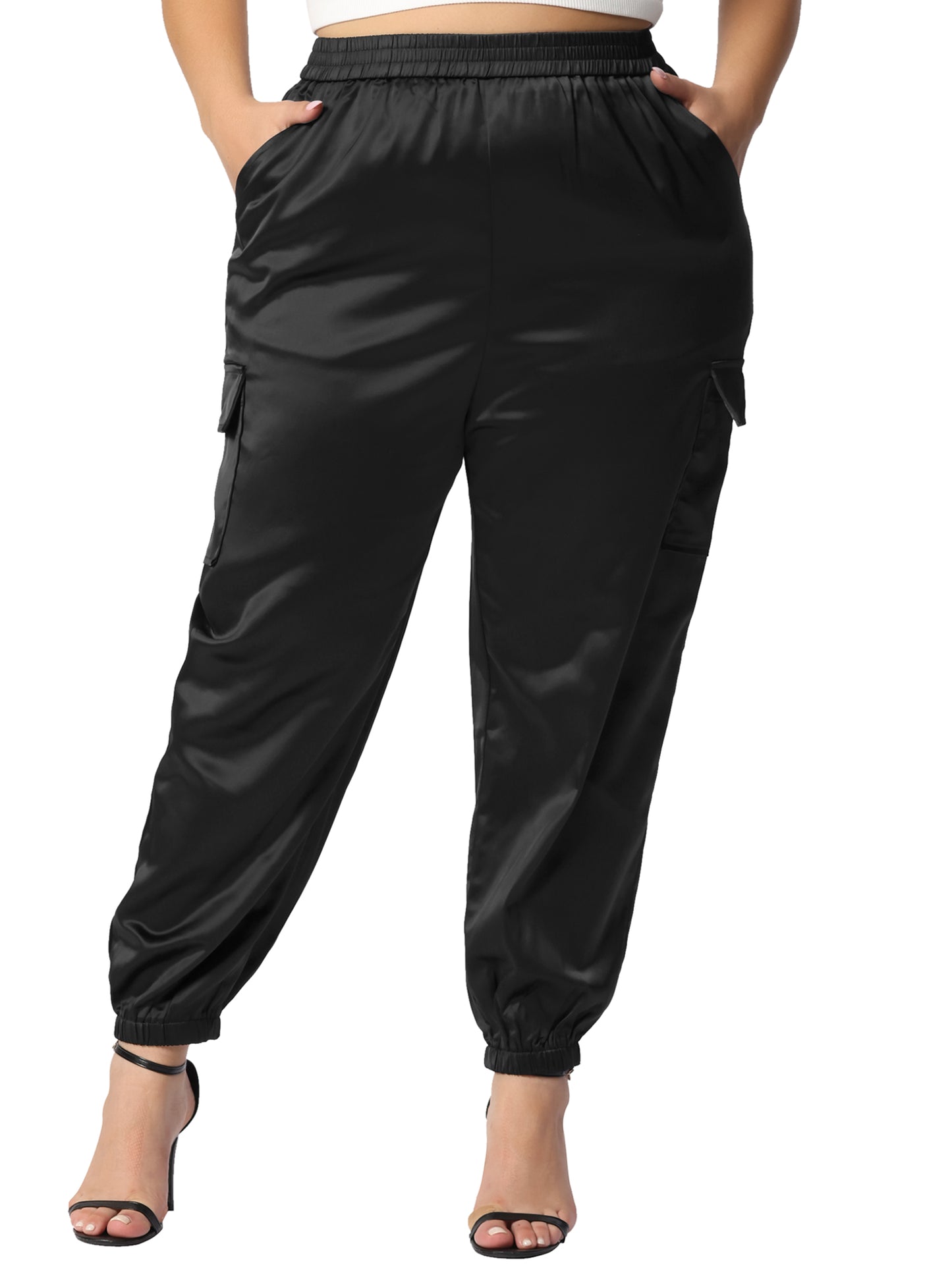 Women Plus Size Satin Joggers Elastic Waist Athleisure Ankle Length Cargo Pants with Pocket