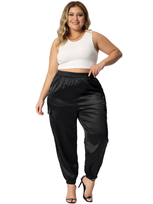 Women Plus Size Satin Joggers Elastic Waist Athleisure Ankle Length Cargo Pants with Pocket