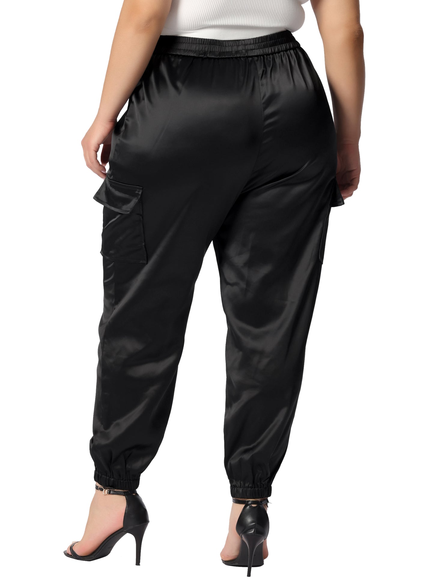Women Plus Size Satin Joggers Elastic Waist Athleisure Ankle Length Cargo Pants with Pocket