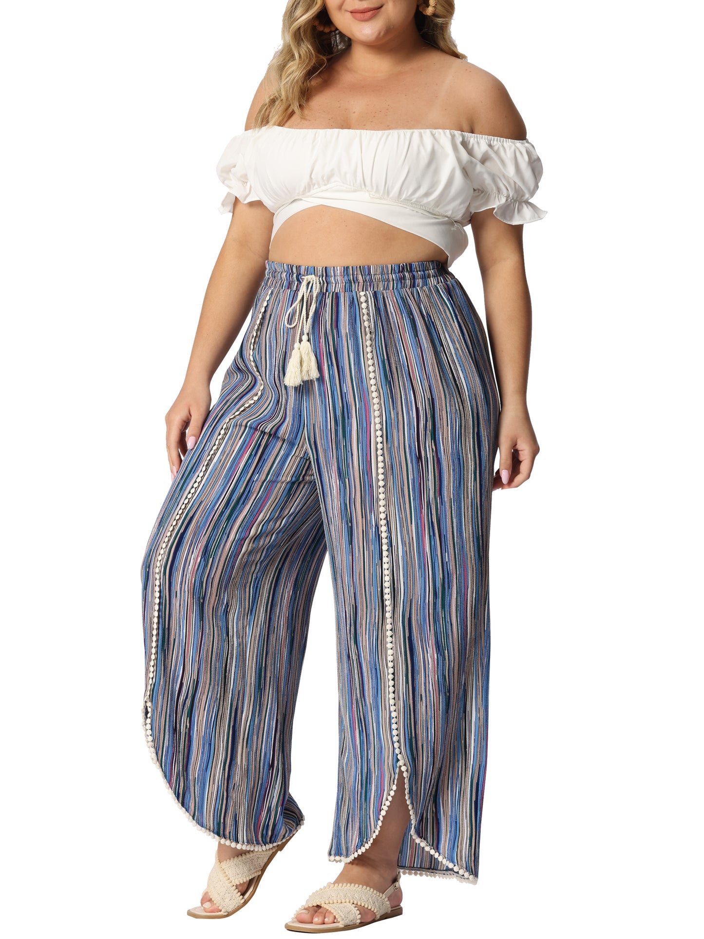 Women Plus Size Split Elastic Waist Flowy Striped Wide Leg Pants