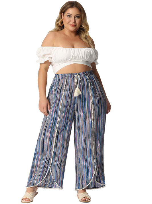 Women Plus Size Split Elastic Waist Flowy Striped Wide Leg Pants