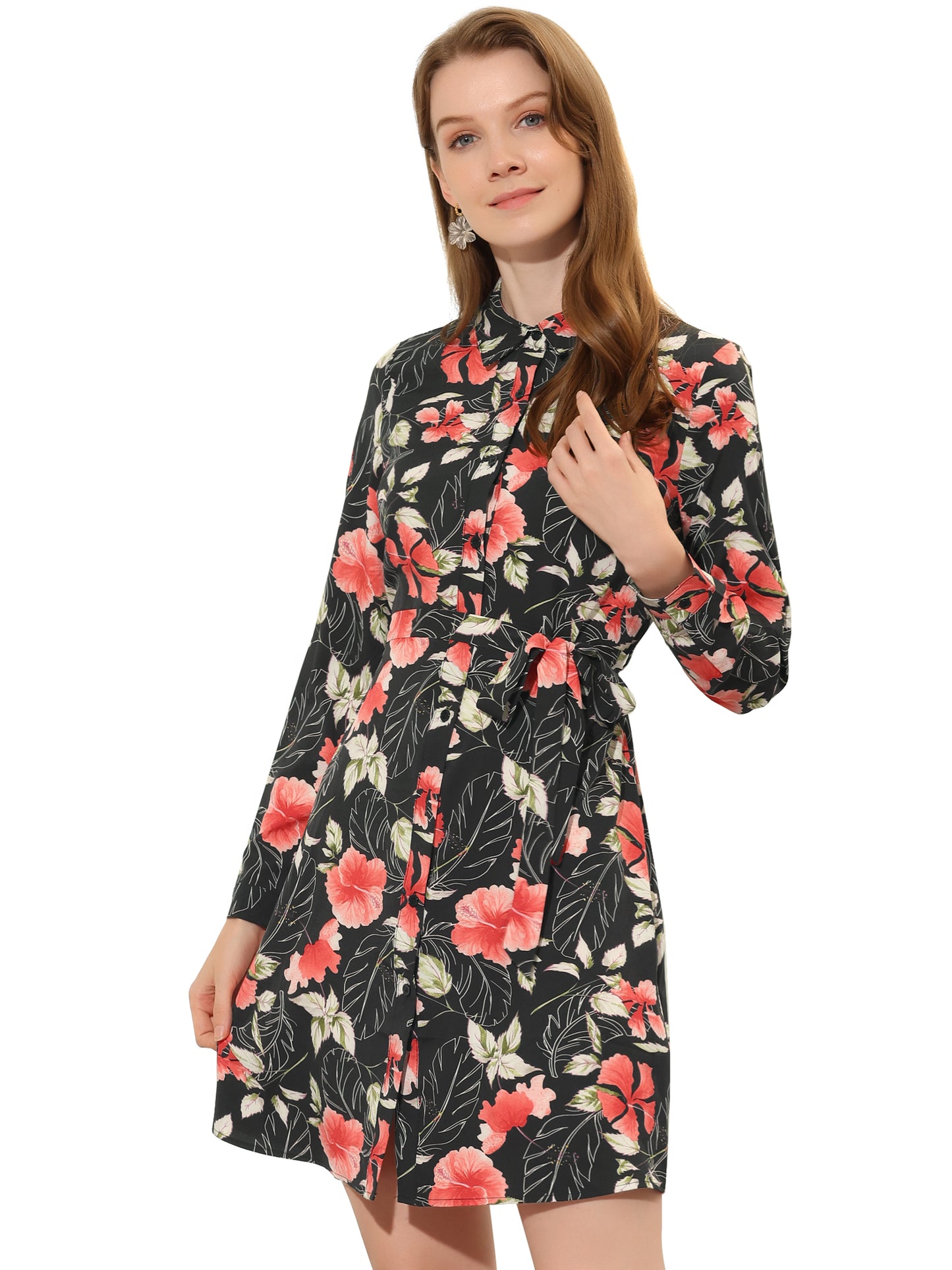 Women's Button Down Collar Tie Belted Print Shirt Dress