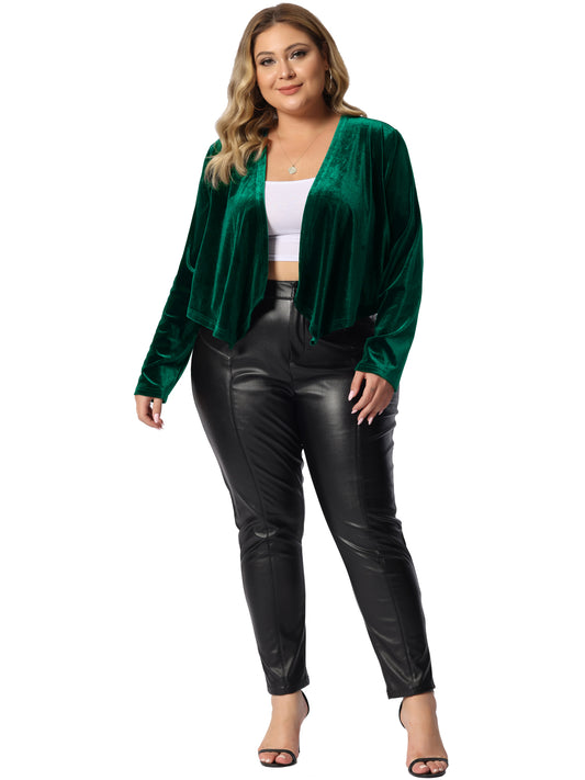 Women Plus Size Velvet Cardigan Open Front Long Sleeve Cropped Jacket