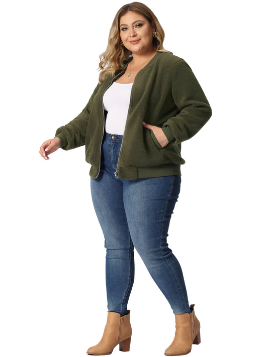 Women Plus Size Fleece Jacket Long Sleeve Faux Fuzzy Zip Up Bomber Jacket