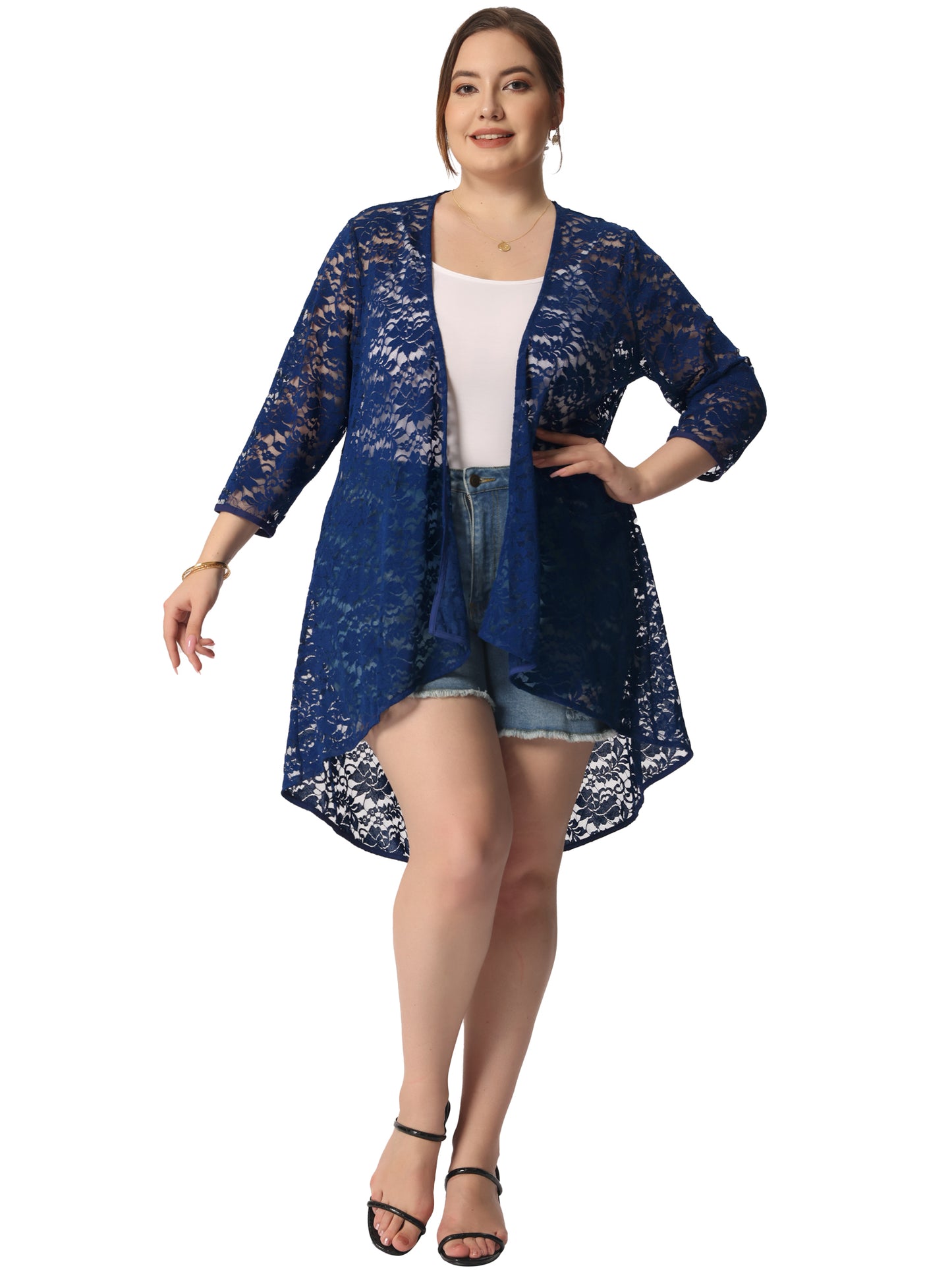 Women's Plus Size Cardigan Lace Crochet High Low 3/4 Sleeve Open Front Sheer Kimonos Cover Up