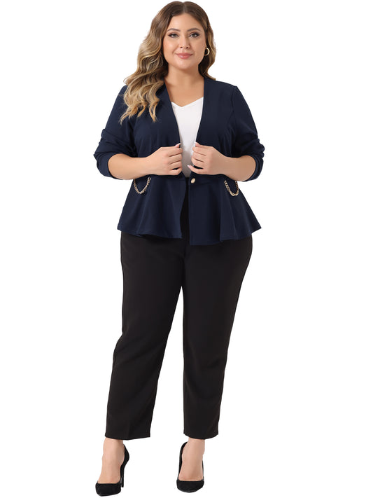 Women Plus Size Blazer Work Button Chain Office Jacket Peplum Blazer