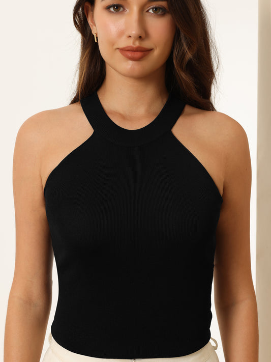 Women's Sleeveless Knit Top Halter Neck Ribbed Slim Cami Tank Top