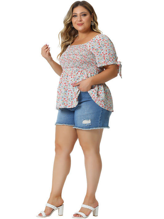 Women Plus Size Summer Top Square Neck Smocked Bow Tie Short Sleeve Peplum Blouse