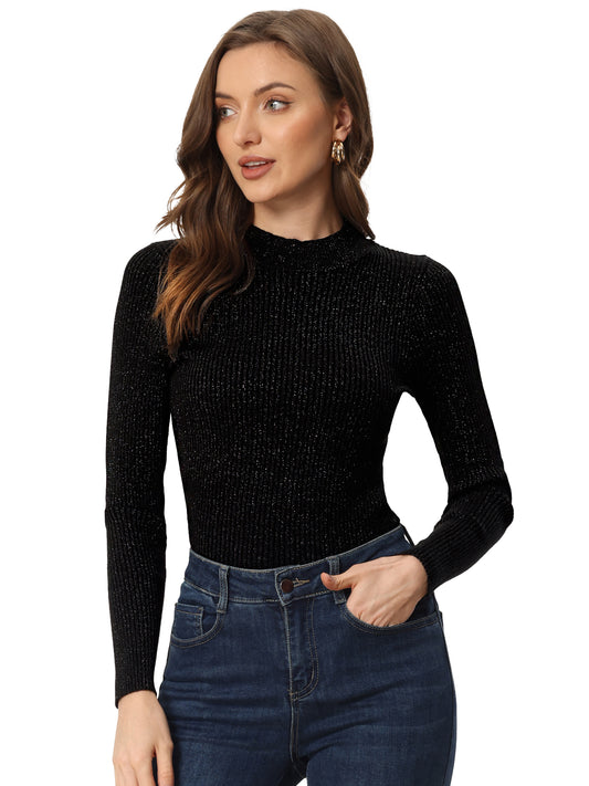 Women's Long Sleeve Glitter Tops Mock Neck Ribbed Knit Top Slim Fit Basic Pullover Sweater Top