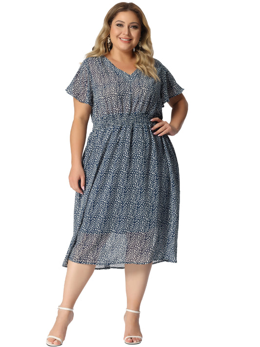 Women's Plus Size Summer Dress Floral Print V Neck Smocked A-Line Flowy Midi Dress