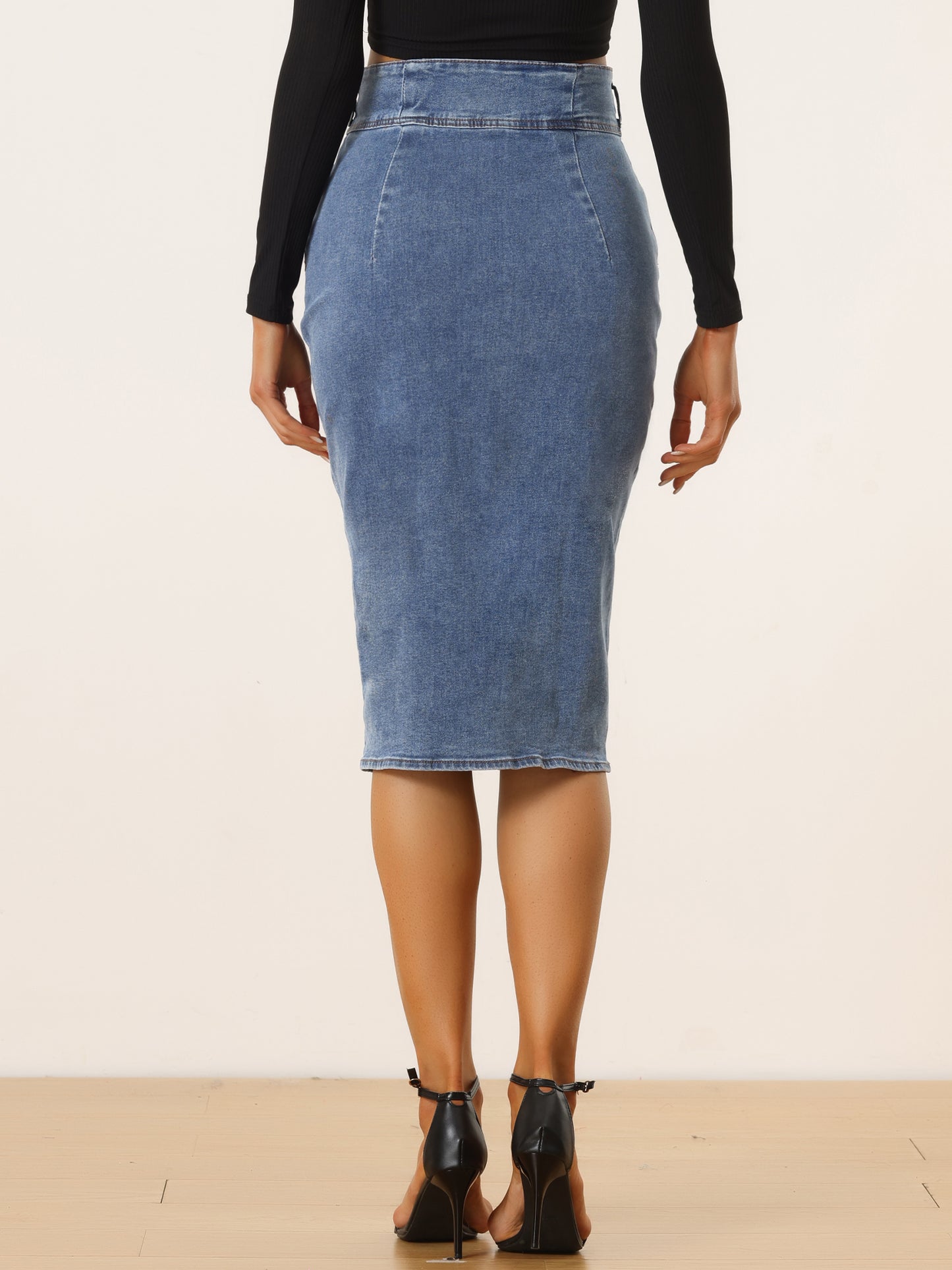 Women's Casual Denim Skirt High Waist Split Hem Pencil Jean Midi Skirt