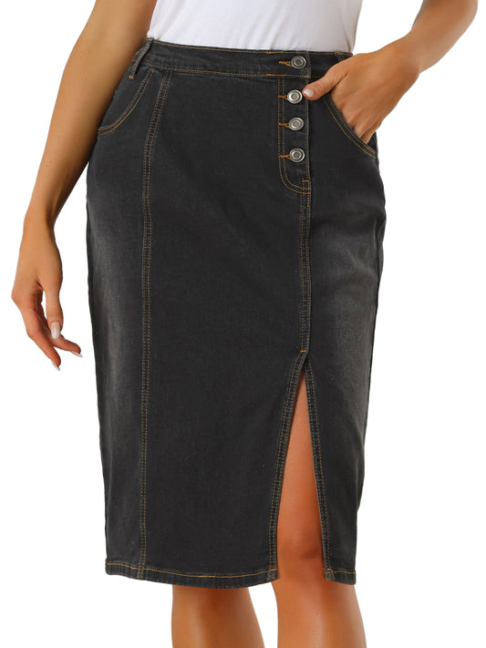 Women's Button Decor Side Slit Slash Pocket Denim Midi Skirt