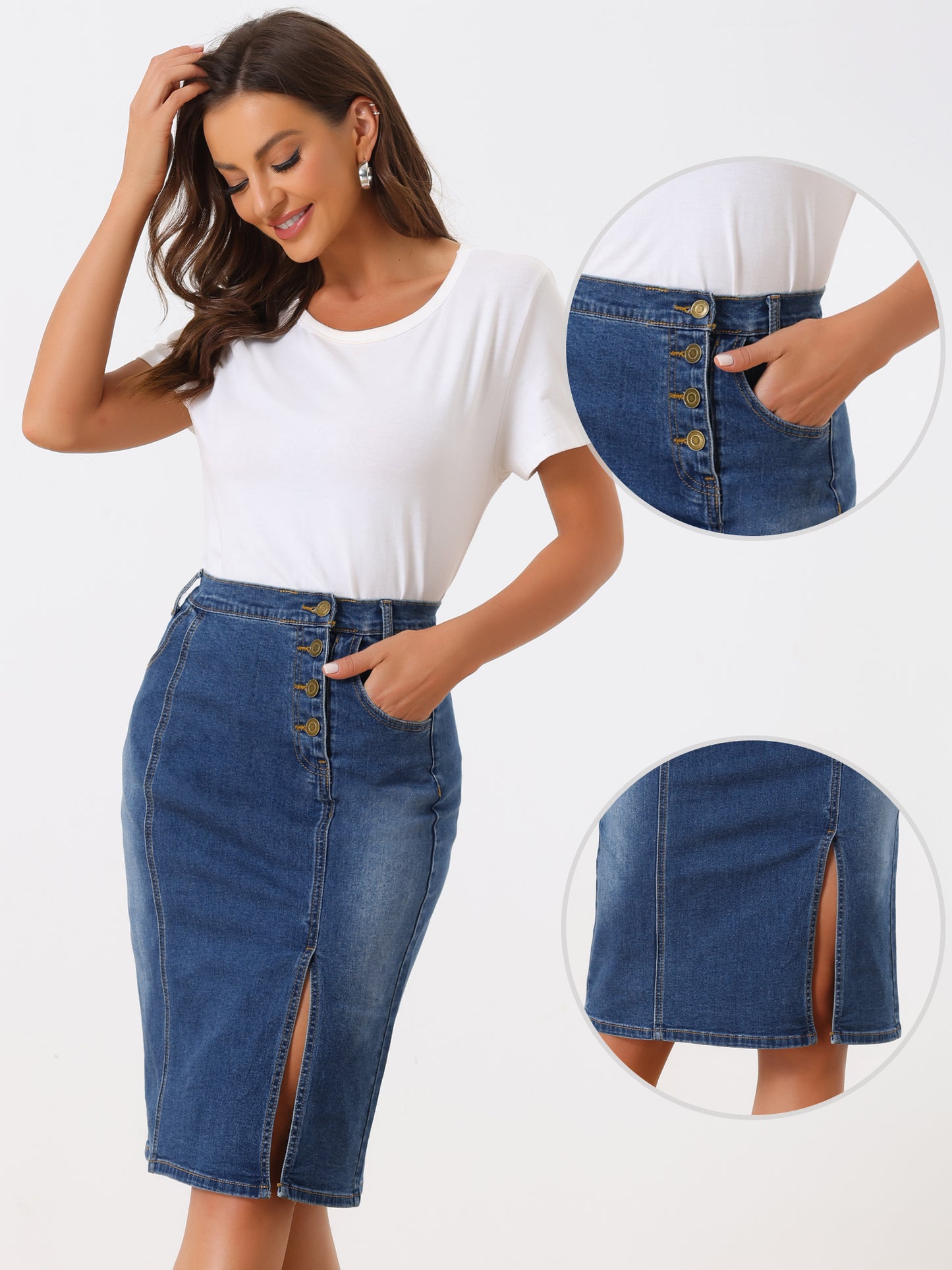Women's Button Decor Side Slit Slash Pocket Denim Midi Skirt