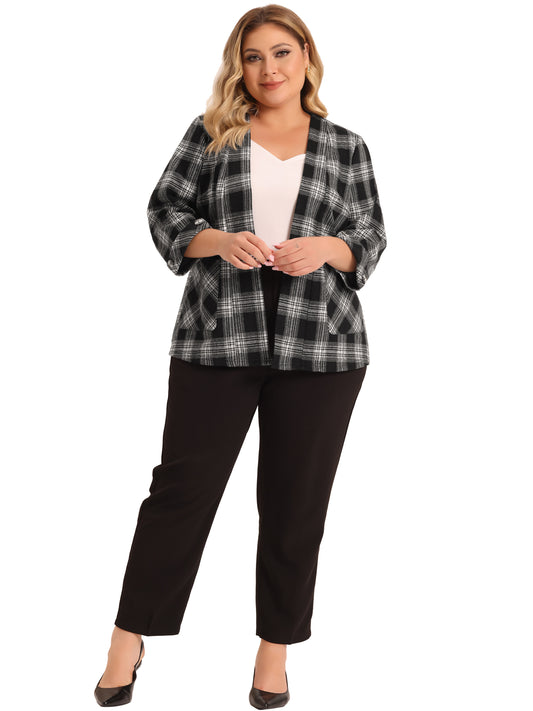 Women Plus Size Blazer 3/4 Sleeves Casual Open Front Plaid Cardigan Blazers with Pockets