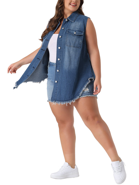 Women's Plus Size Button Up Frayed Hem Shacket Sleeveless Denim Jean Jacket Vest