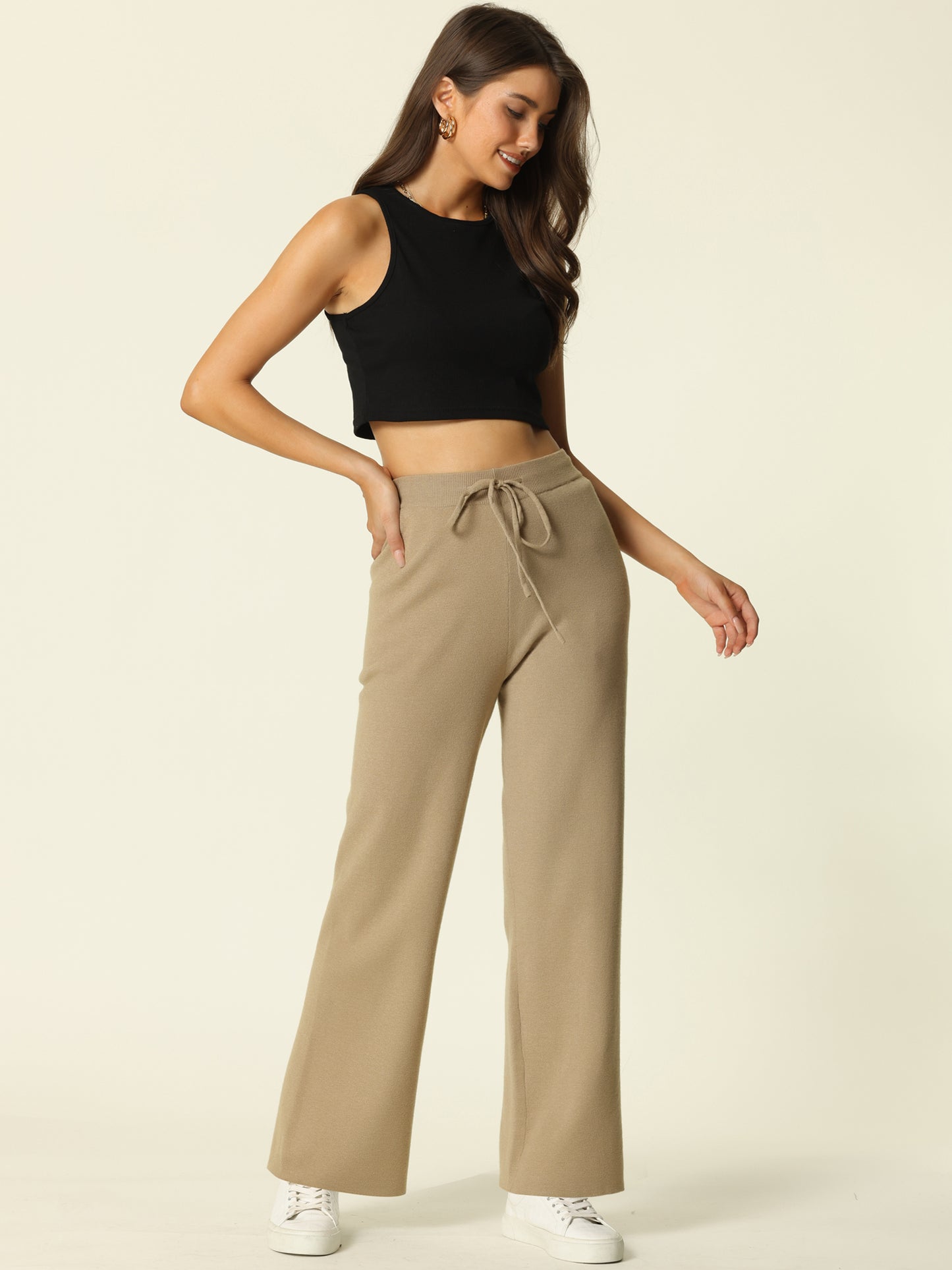 Women's Ribbed Knit Sweater Pants Elastic High Wasited Straight Leg Sweatpants