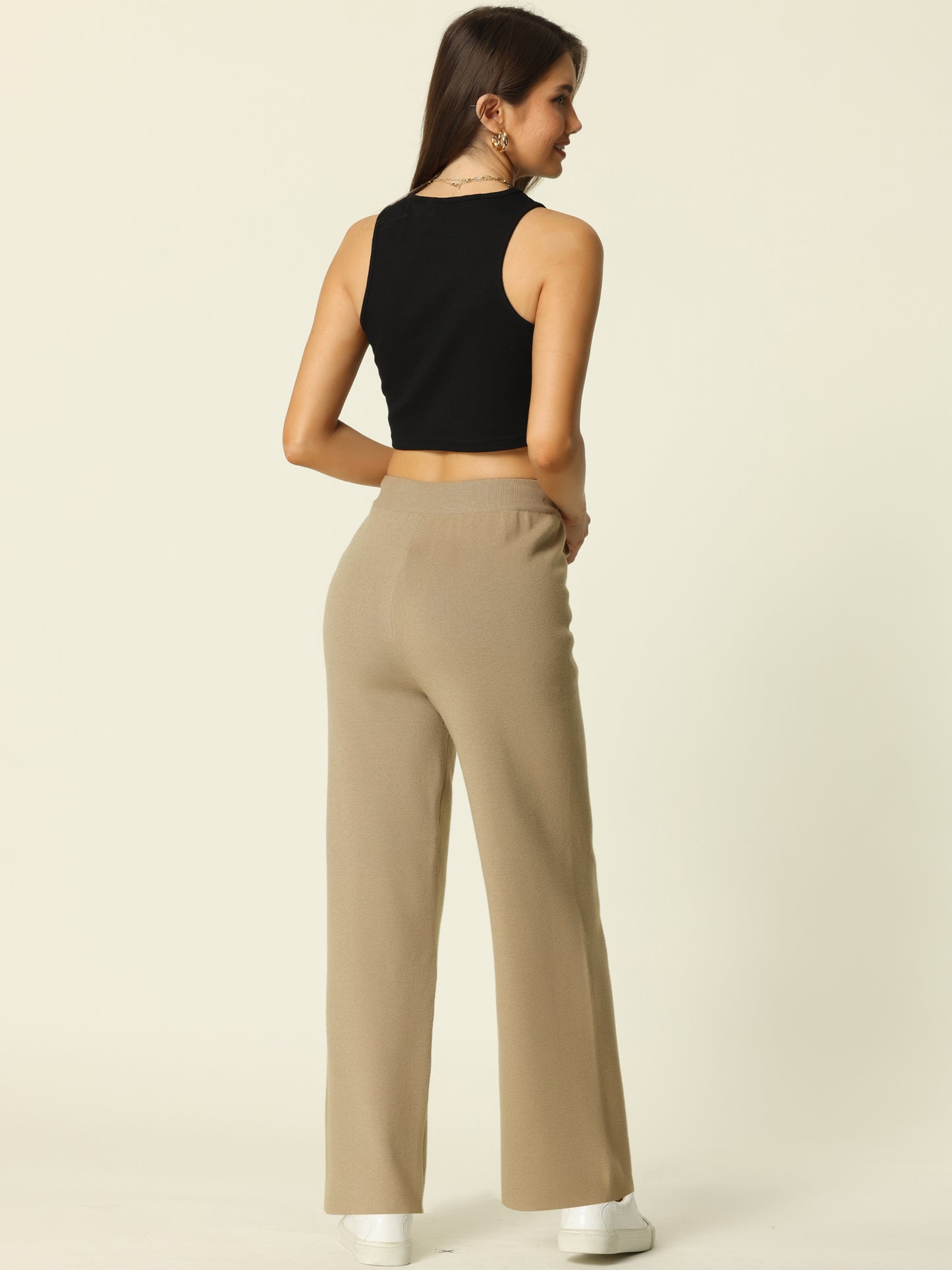 Women's Ribbed Knit Sweater Pants Elastic High Wasited Straight Leg Sweatpants