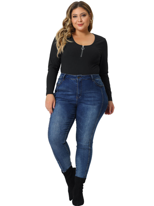 Body de talla grande para mujer, de punto acanalado, con cremallera, escote en V profundo, manga larga