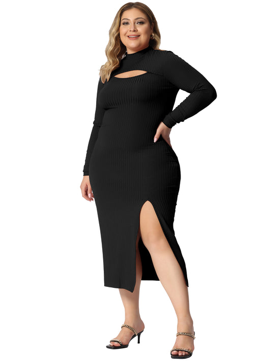 Women Plus Size Dresses Round Neck Cut Out Front Knee Slim Split Hem Bodycon Dress