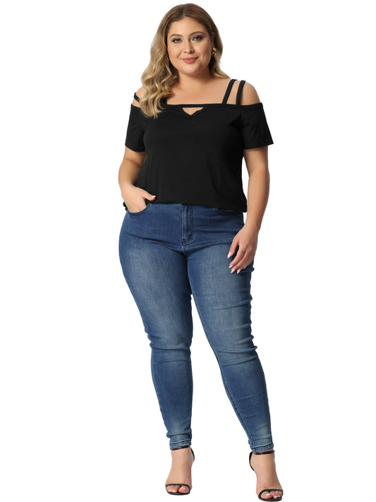 Women Plus Size Top Cold Shoulder Sexy Cut Out Short Sleeve Criss Cross Summer Casual Top