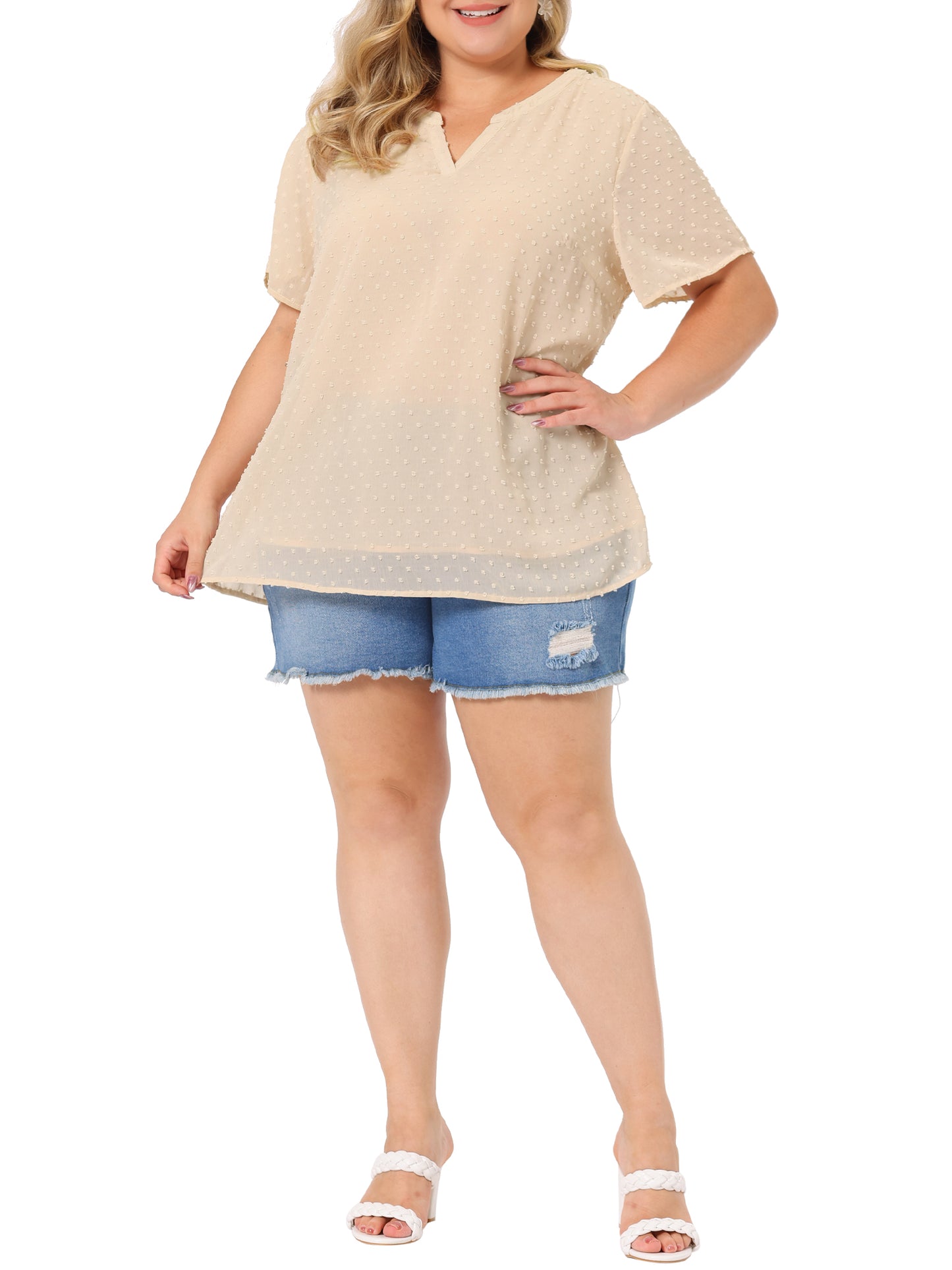 Women Plus Size Summer Top Swiss Dots Notched Neck Short Sleeve Blouse