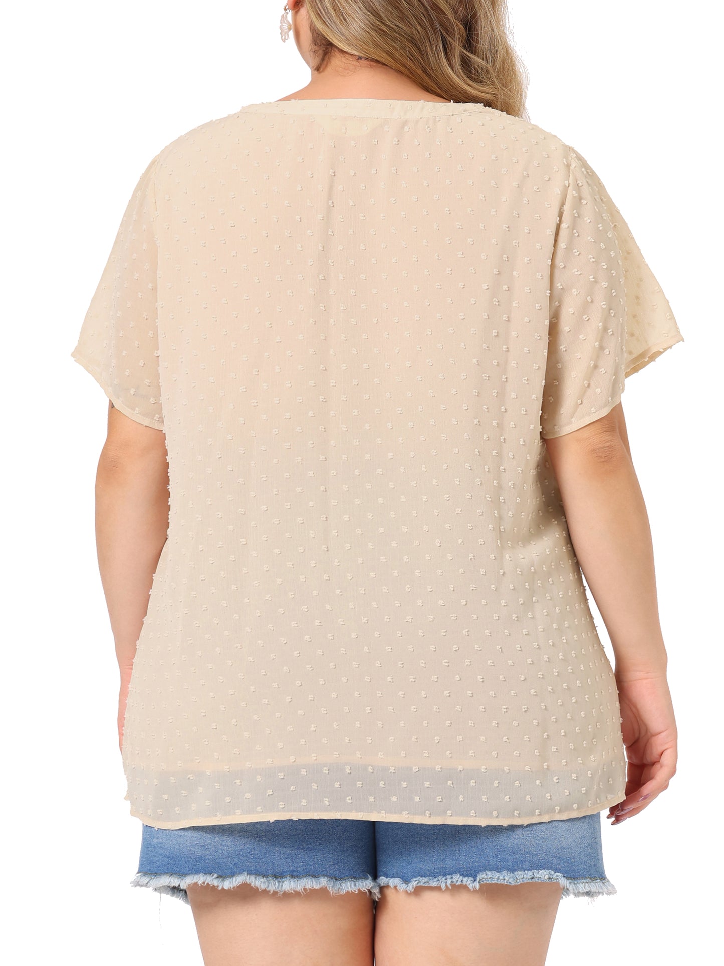 Women Plus Size Summer Top Swiss Dots Notched Neck Short Sleeve Blouse