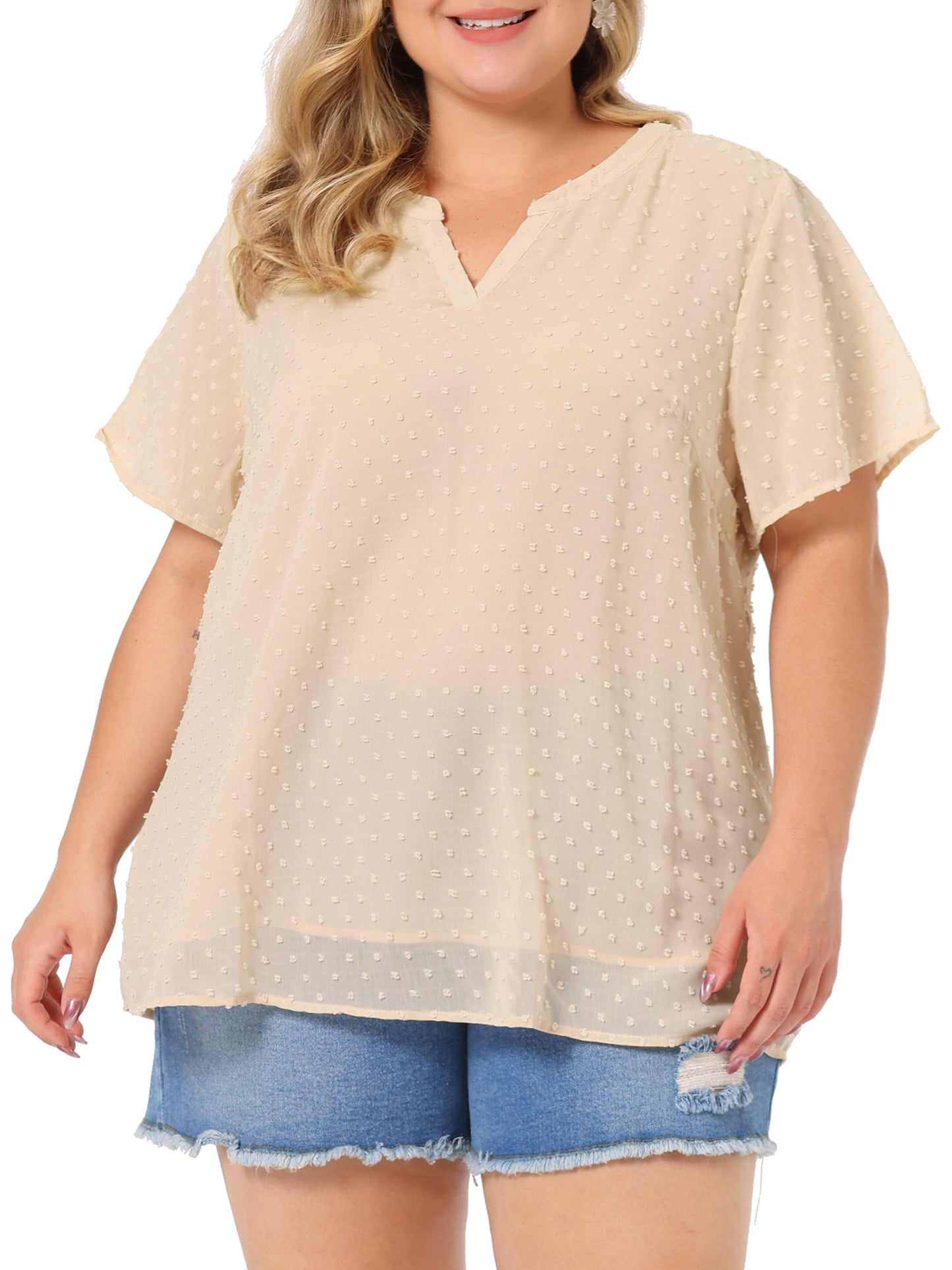 Women Plus Size Summer Top Swiss Dots Notched Neck Short Sleeve Blouse