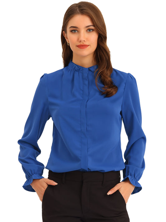Blusa elegante de gasa con botones y manga larga con cuello con volantes para mujer
