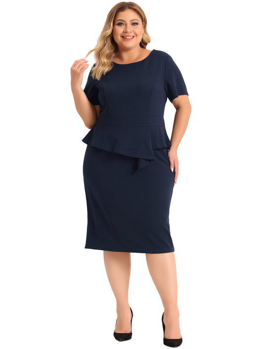 Women Plus Size Business Dresses Short Sleeves Crew Neck Work Office Peplum Pencil Dress