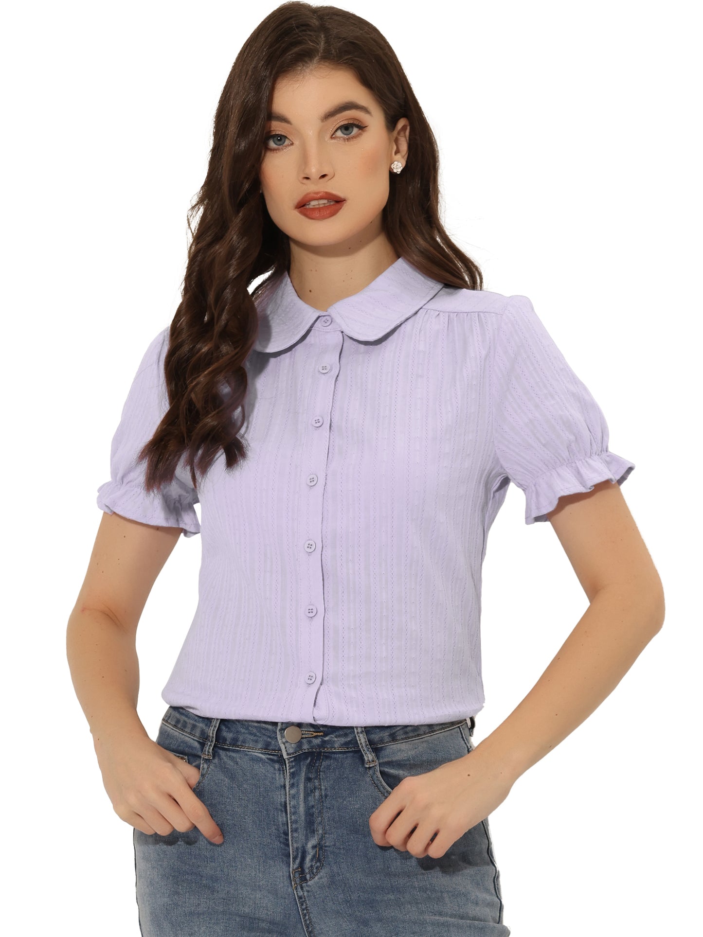 Women's Peter Pan Collar Shirt 1950s Vintage Cotton Button Down Blouse