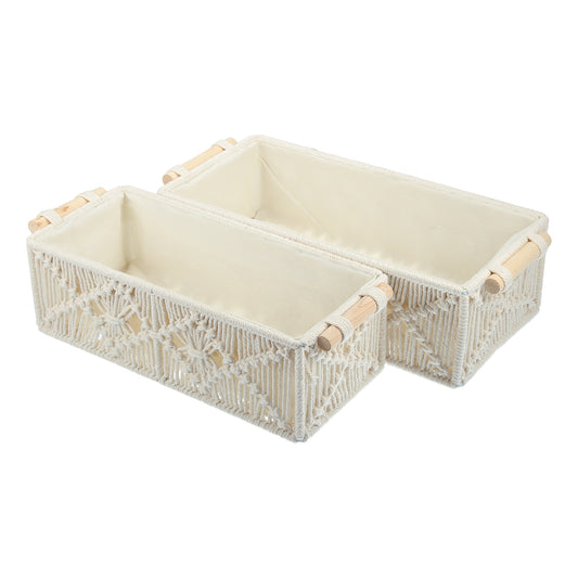 2 Pcs Set Woven Macrame Storage Baskets, Cabinet Bedroom Organizer White