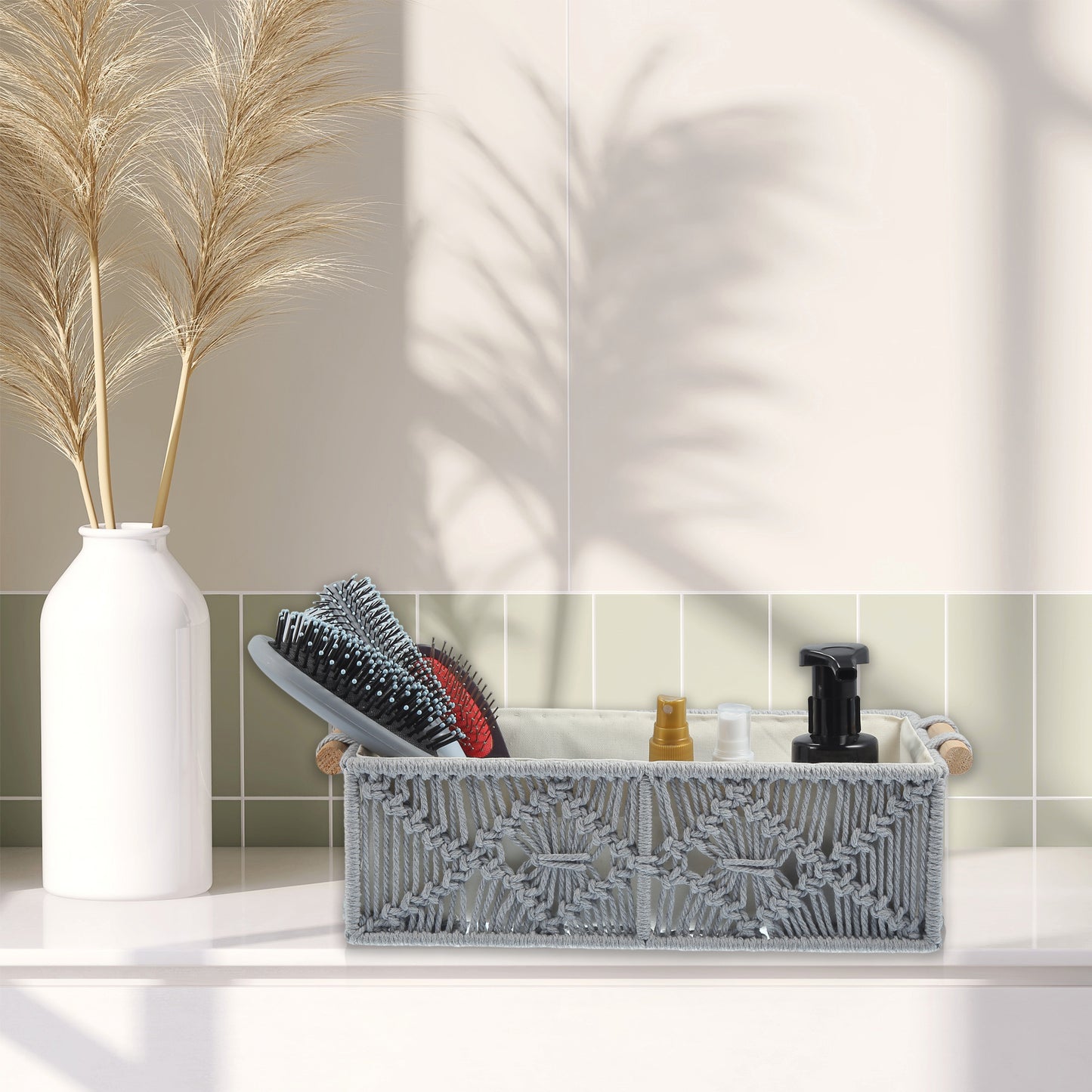 2 Pcs Set Woven Macrame Storage Baskets, Cabinet Bedroom Organizer Gray