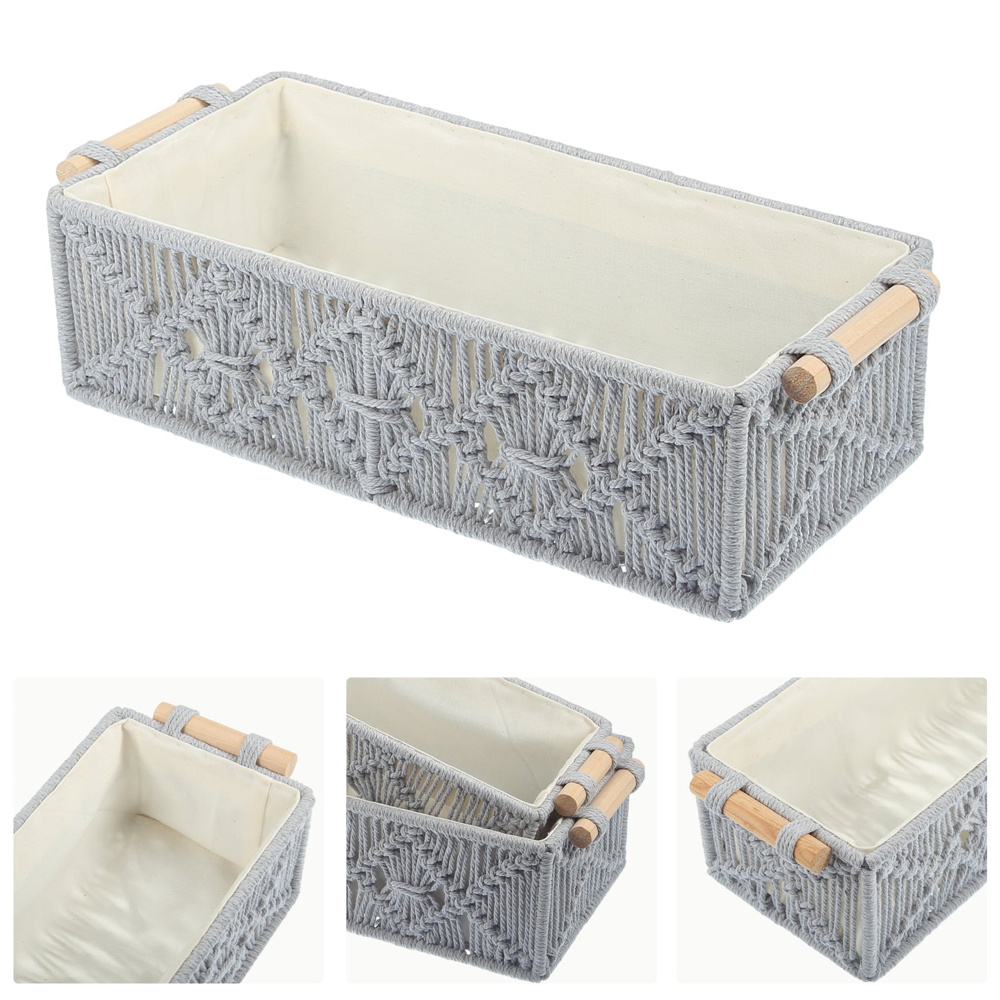 2 Pcs Set Woven Macrame Storage Baskets, Cabinet Bedroom Organizer Gray