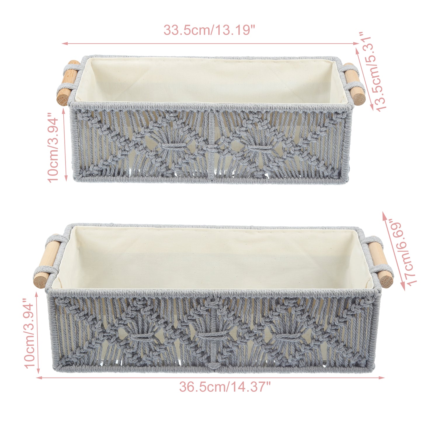 2 Pcs Set Woven Macrame Storage Baskets, Cabinet Bedroom Organizer Gray