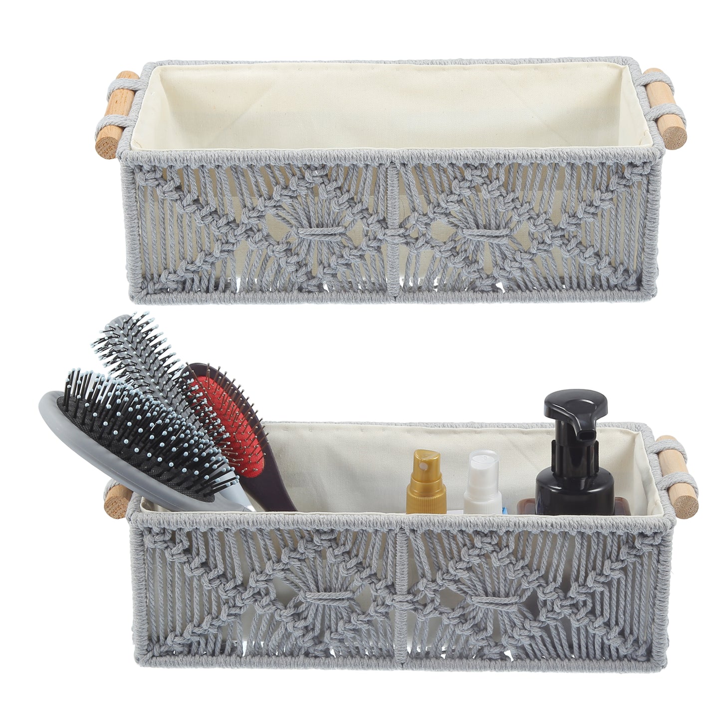 2 Pcs Set Woven Macrame Storage Baskets, Cabinet Bedroom Organizer Gray