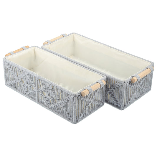 2 Pcs Set Woven Macrame Storage Baskets, Cabinet Bedroom Organizer Gray