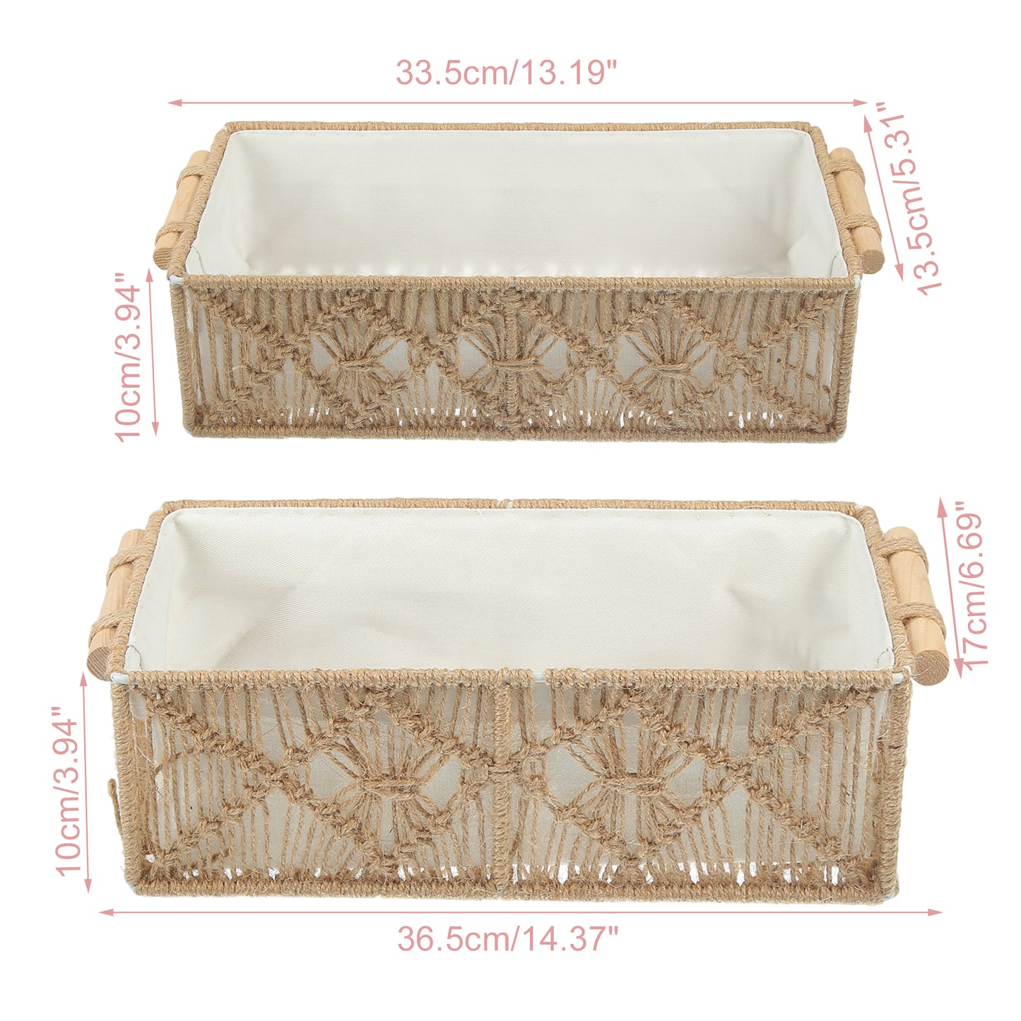 Juego de 2 cestas de almacenamiento de macramé tejido, organizador de armario para dormitorio, color marrón
