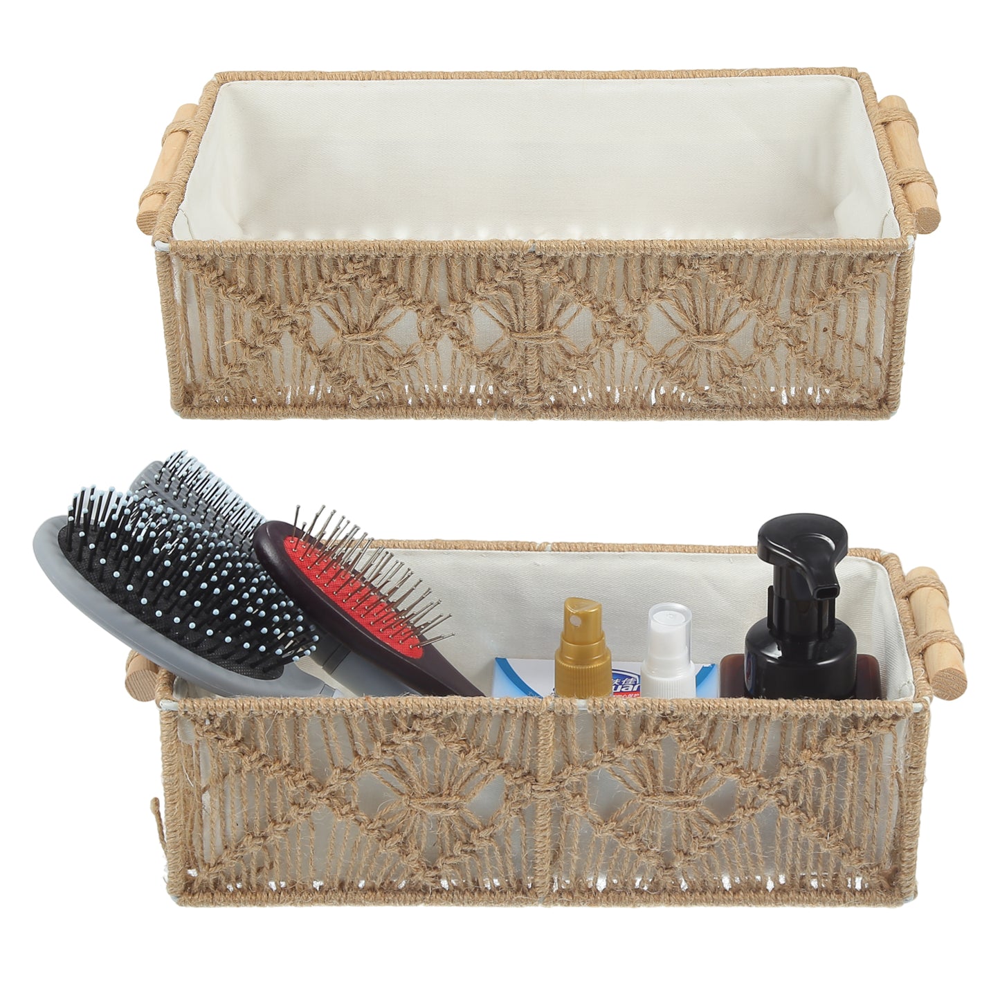 Juego de 2 cestas de almacenamiento de macramé tejido, organizador de armario para dormitorio, color marrón
