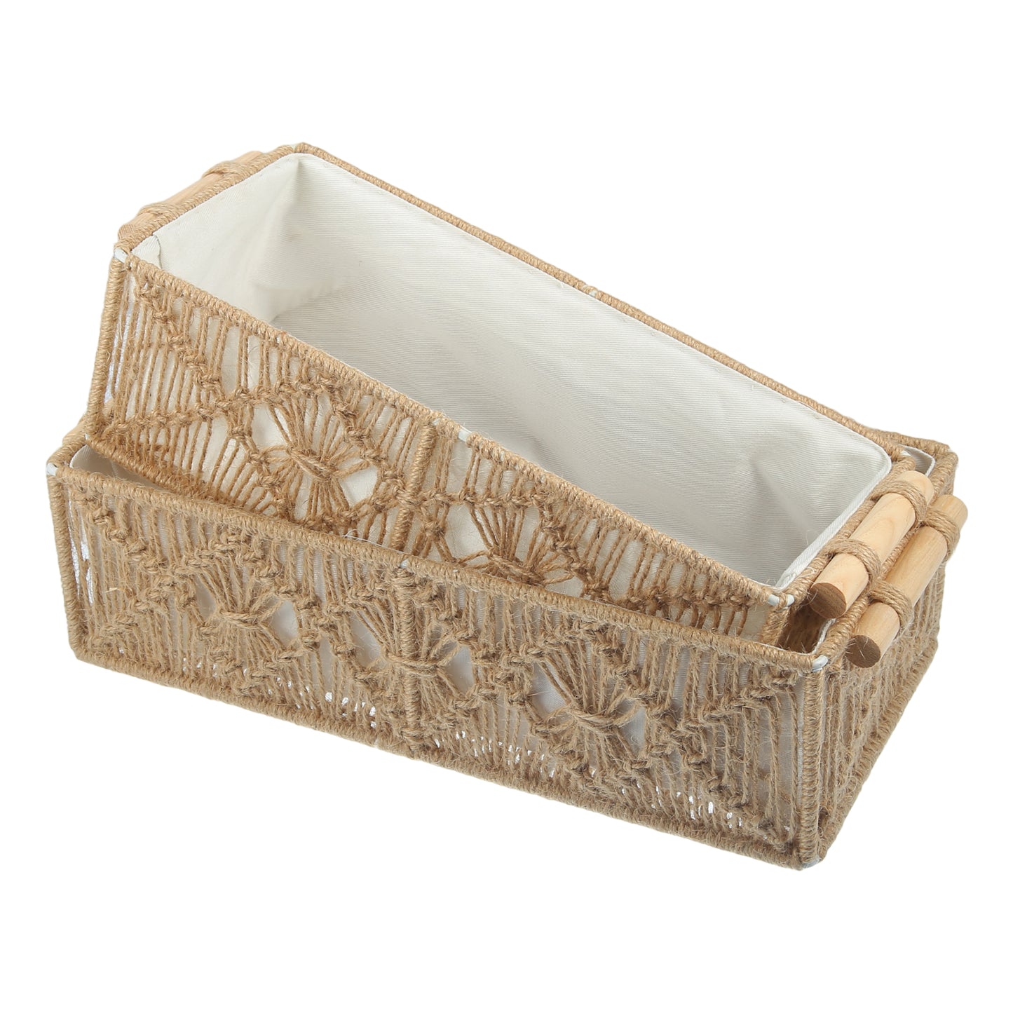 Juego de 2 cestas de almacenamiento de macramé tejido, organizador de armario para dormitorio, color marrón