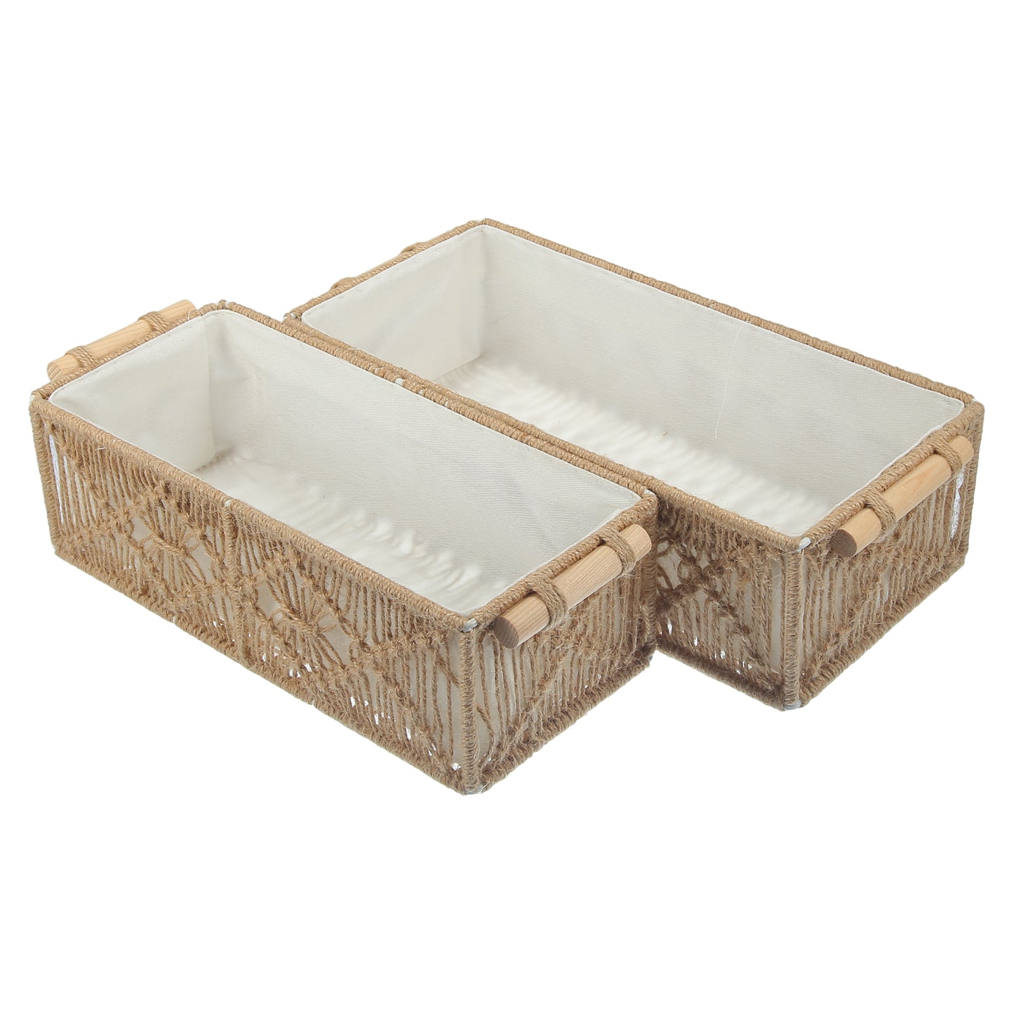 Juego de 2 cestas de almacenamiento de macramé tejido, organizador de armario para dormitorio, color marrón