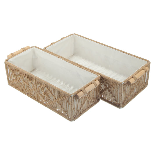 2 Pcs Set Woven Macrame Storage Baskets, Cabinet Bedroom Organizer Brown