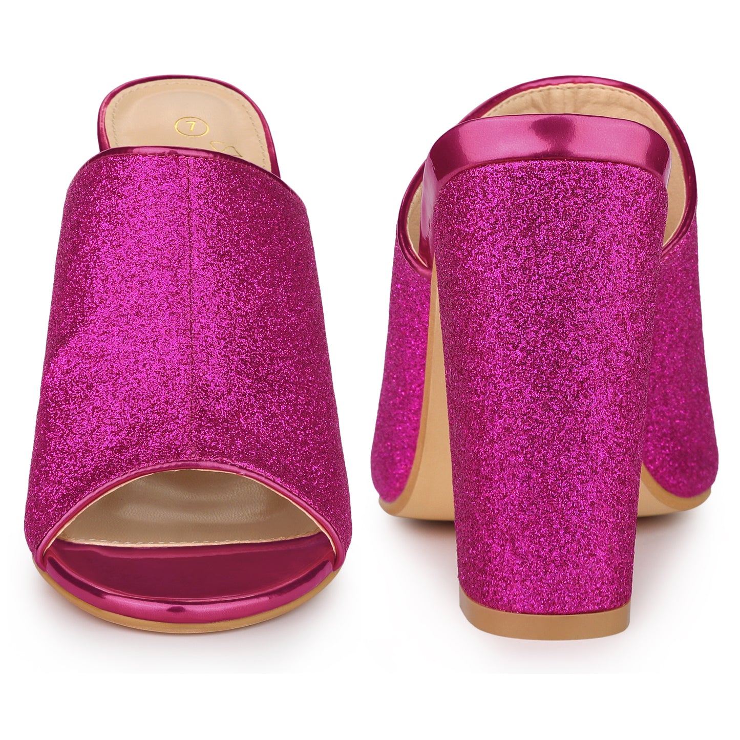 Sandalias tipo mule con tacón grueso y purpurina para mujer