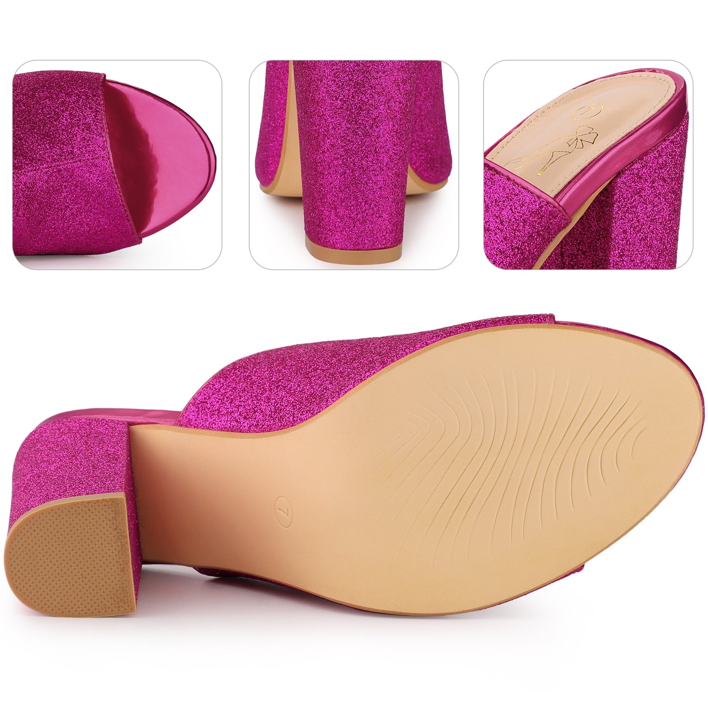 Sandalias tipo mule con tacón grueso y purpurina para mujer