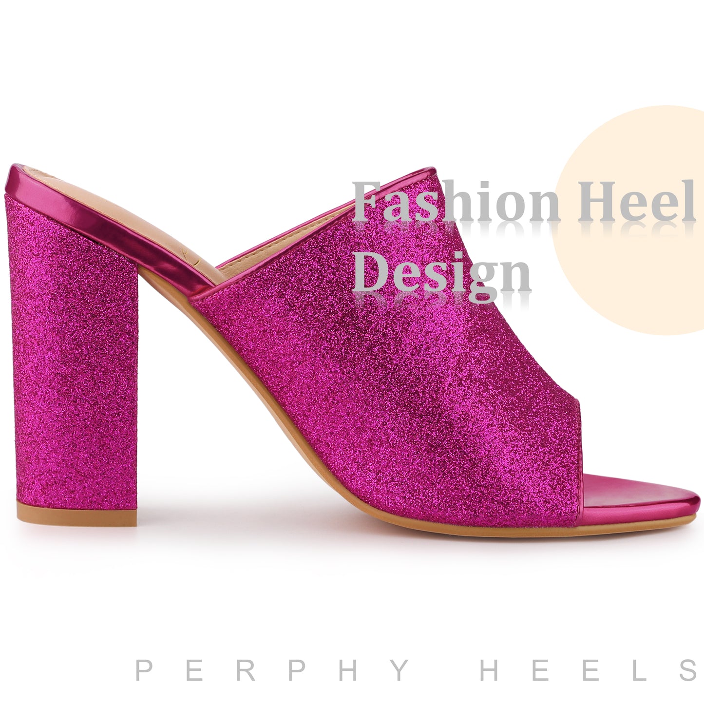 Sandalias tipo mule con tacón grueso y purpurina para mujer