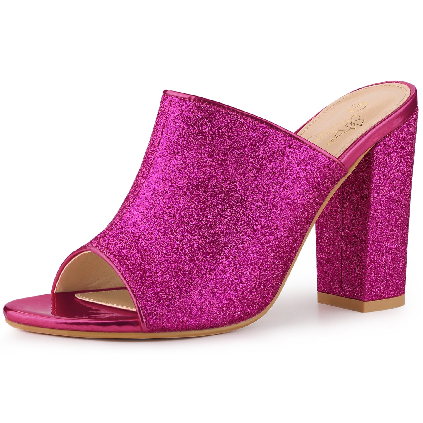 Sandalias tipo mule con tacón grueso y purpurina para mujer