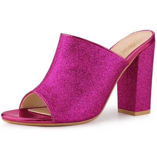 Sandalias tipo mule con tacón grueso y purpurina para mujer