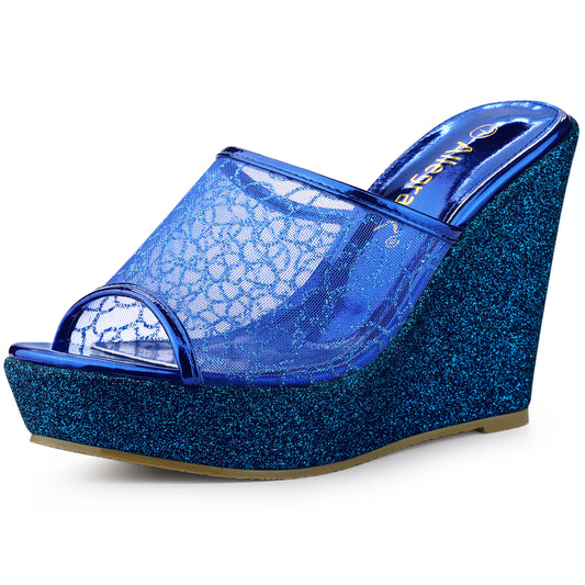 Women's Glitter Platform Wedges Slip On Wedge Sandals