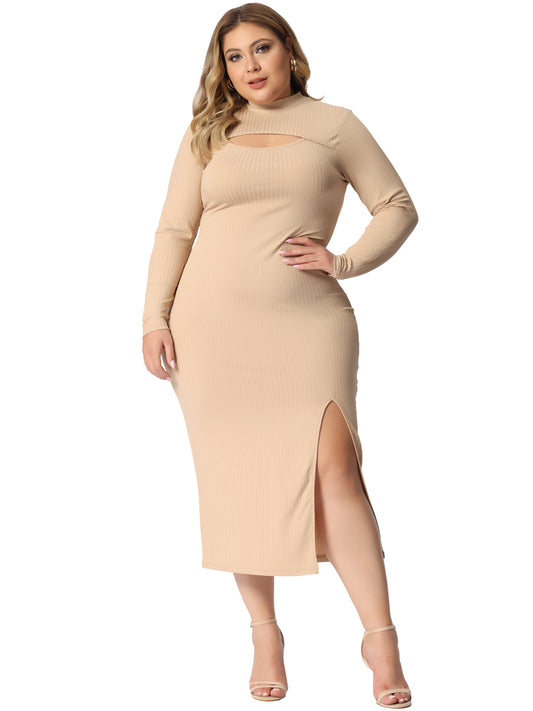 Women Plus Size Dresses Round Neck Cut Out Front Knee Slim Split Hem Bodycon Dress